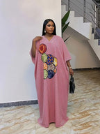 Plus Size Women's Fashion Chic Striped Print V-Neck Dress, Casual Daily Wear, Ethnic Boubou Kaftan for Party & Beach