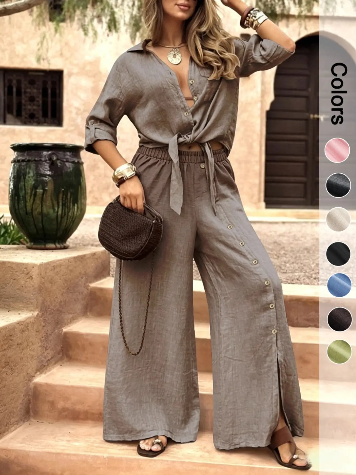 Women's Two-Piece Vacation Style Shirt and Pants Set, Tie-Down Hem Shirt with Fake Button Decoration, Wide Leg Pants Set, Loose