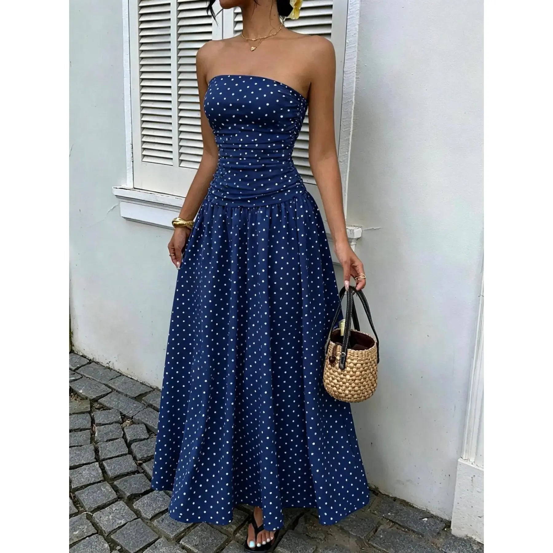 Women's Elegant Chic Fashion Polka Dot Strapless Dress, Stylish Sleeveless Maxi Dress for Parties and Casual Wear