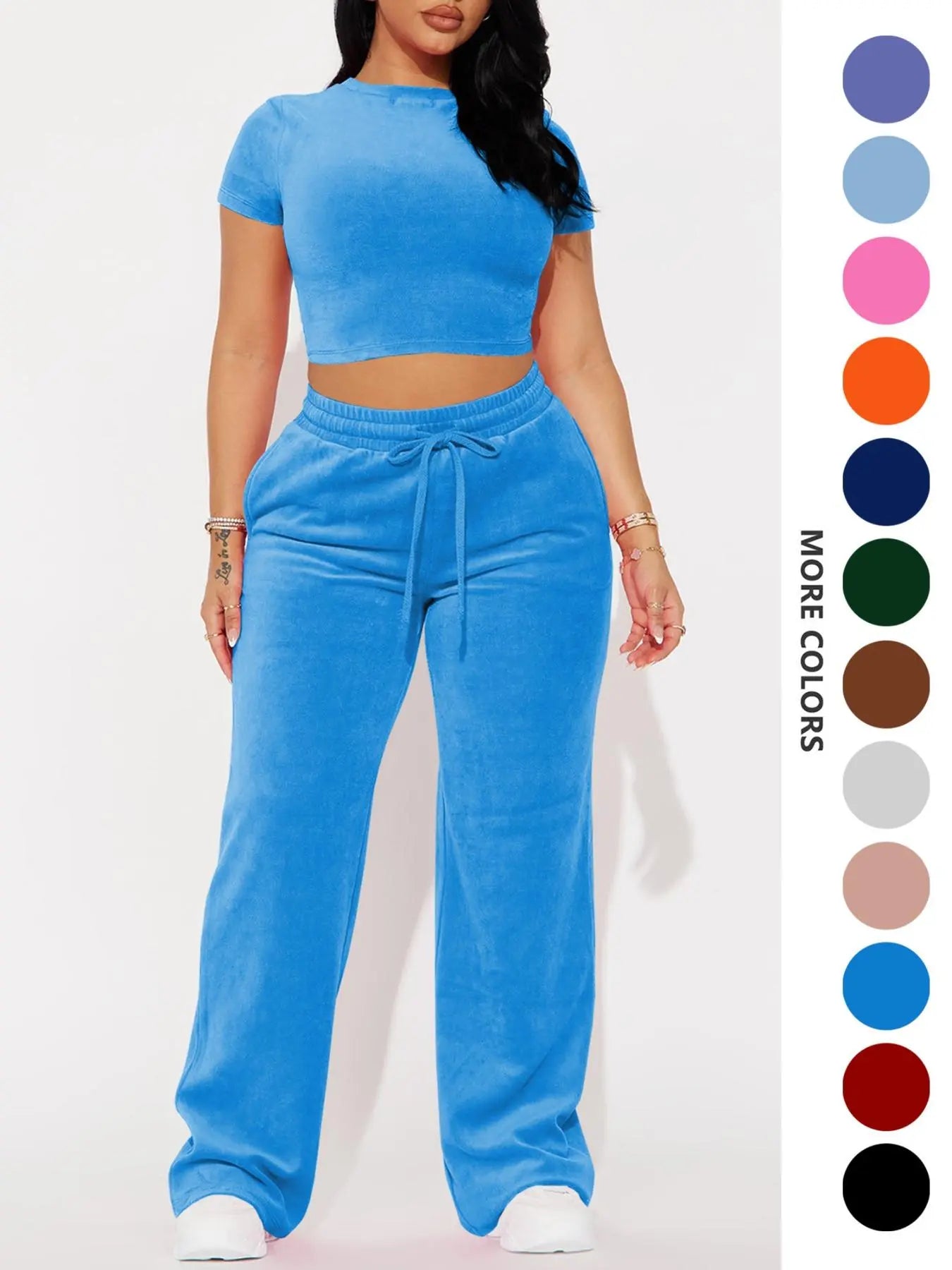 Two-piece Set Women's Solid Crop Tee & Drawstring Waist Pants Velvet Set, Casual Short Sleeve Round Neck T-shirt & Elastic Waist Trousers, Ladies Summer Clothes, Casual Matching Set