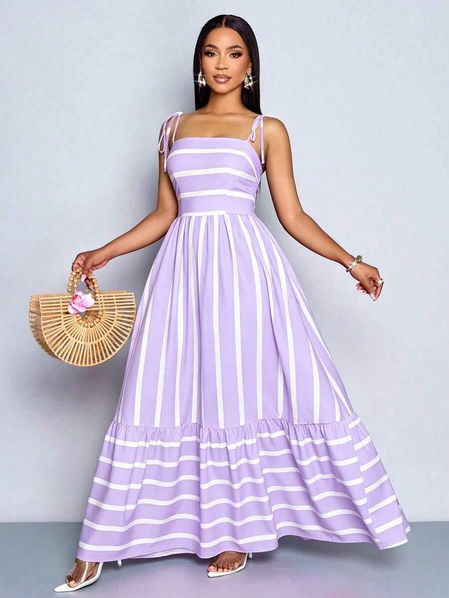 Women's Blue And White Stripe Flowing Maxi Dress,Summer Elegant Holiday Tea Party Holiday,Shoulder Straps Chest Gathering,Beach Casual Gown
