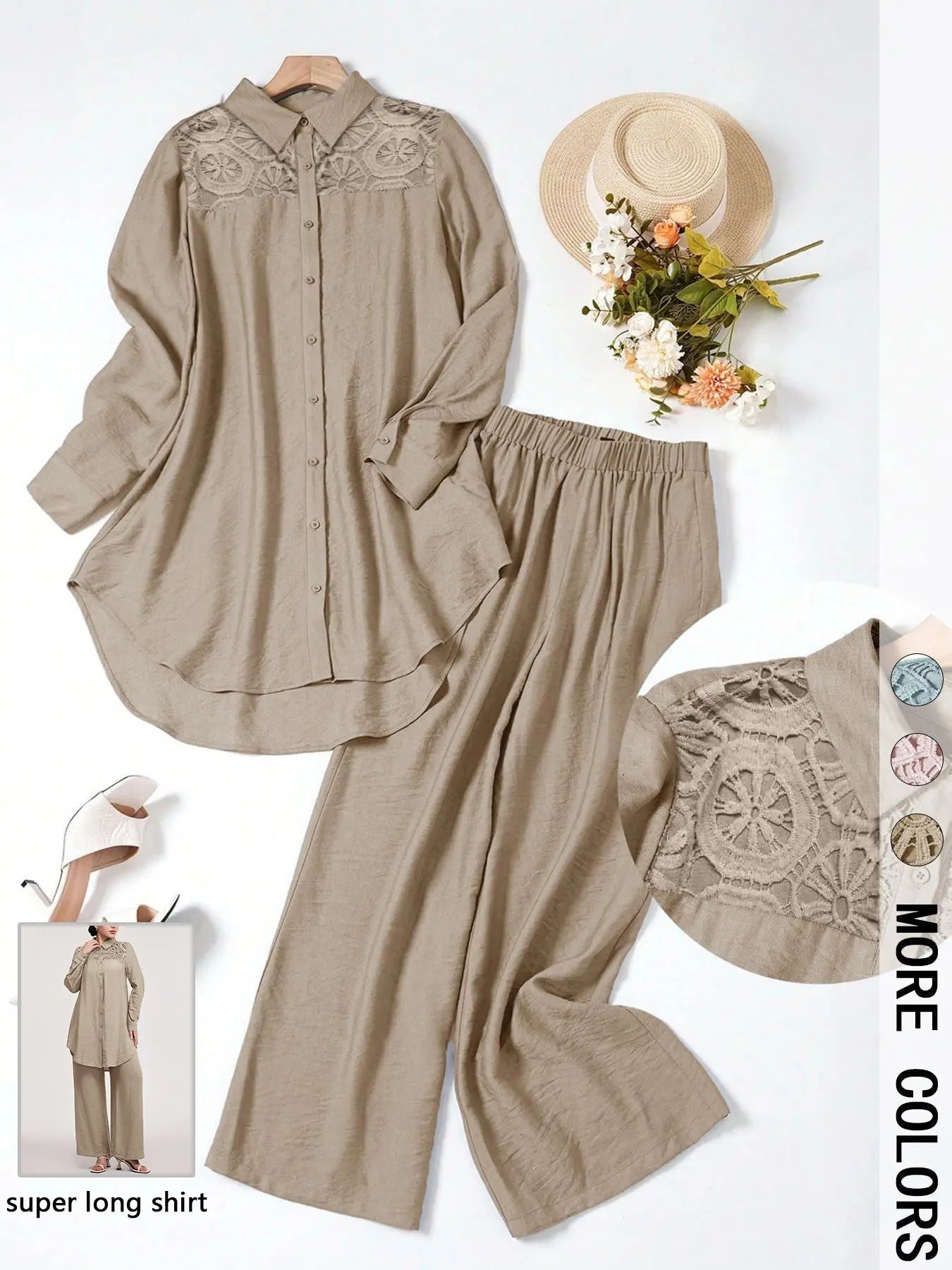 Women's Casual Two-Piece Set, Hollow-Out Top and Loose-Fit Pants