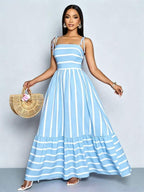 Women's Blue And White Stripe Flowing Maxi Dress,Summer Elegant Holiday Tea Party Holiday,Shoulder Straps Chest Gathering,Beach Casual Gown