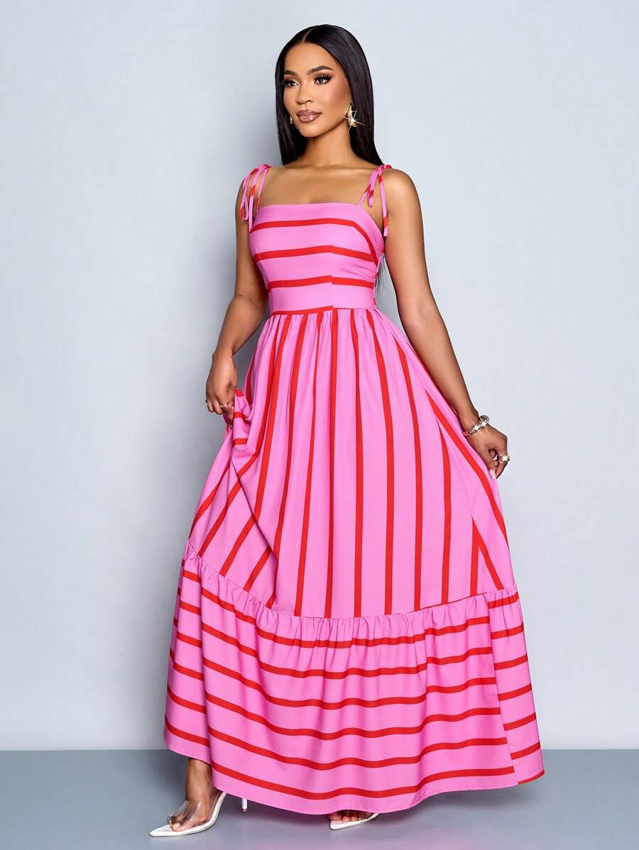 Women's Blue And White Stripe Flowing Maxi Dress,Summer Elegant Holiday Tea Party Holiday,Shoulder Straps Chest Gathering,Beach Casual Gown
