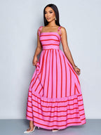 Women's Blue And White Stripe Flowing Maxi Dress,Summer Elegant Holiday Tea Party Holiday,Shoulder Straps Chest Gathering,Beach Casual Gown