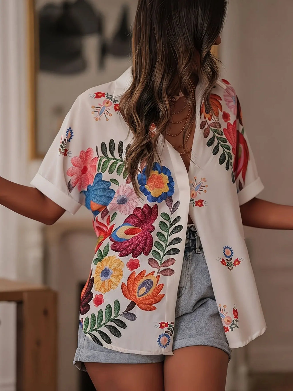 Plus Size Floral Print Oversized Shirt Casual Roll-Sleeve Loose Fit Blouse Tops, Y2K Clothes Summer Daily Wear, Trendy Boho Shirts, Boho Fashion Shirt, Relaxed Fit Casual, Stylish Vibrant Embroidery Detail, Womenswear, Boho Style Shirt