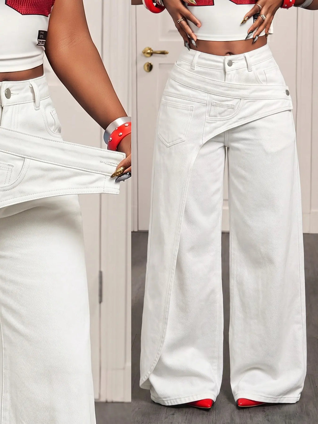 Women's Casual Denim Long Pants, Elegant Plain Pattern, Loose-Fitting, All-Season Fashion, Trendy Asymmetrical Design