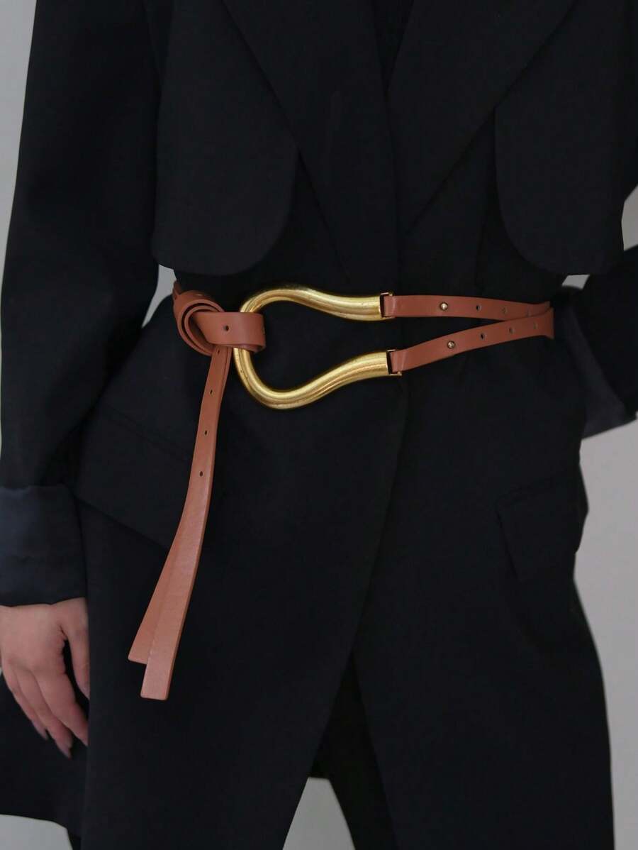 Women's Versatile Wide Waist Belt With Large Horseshoe Buckle Decor, Leather Belt For Skirts