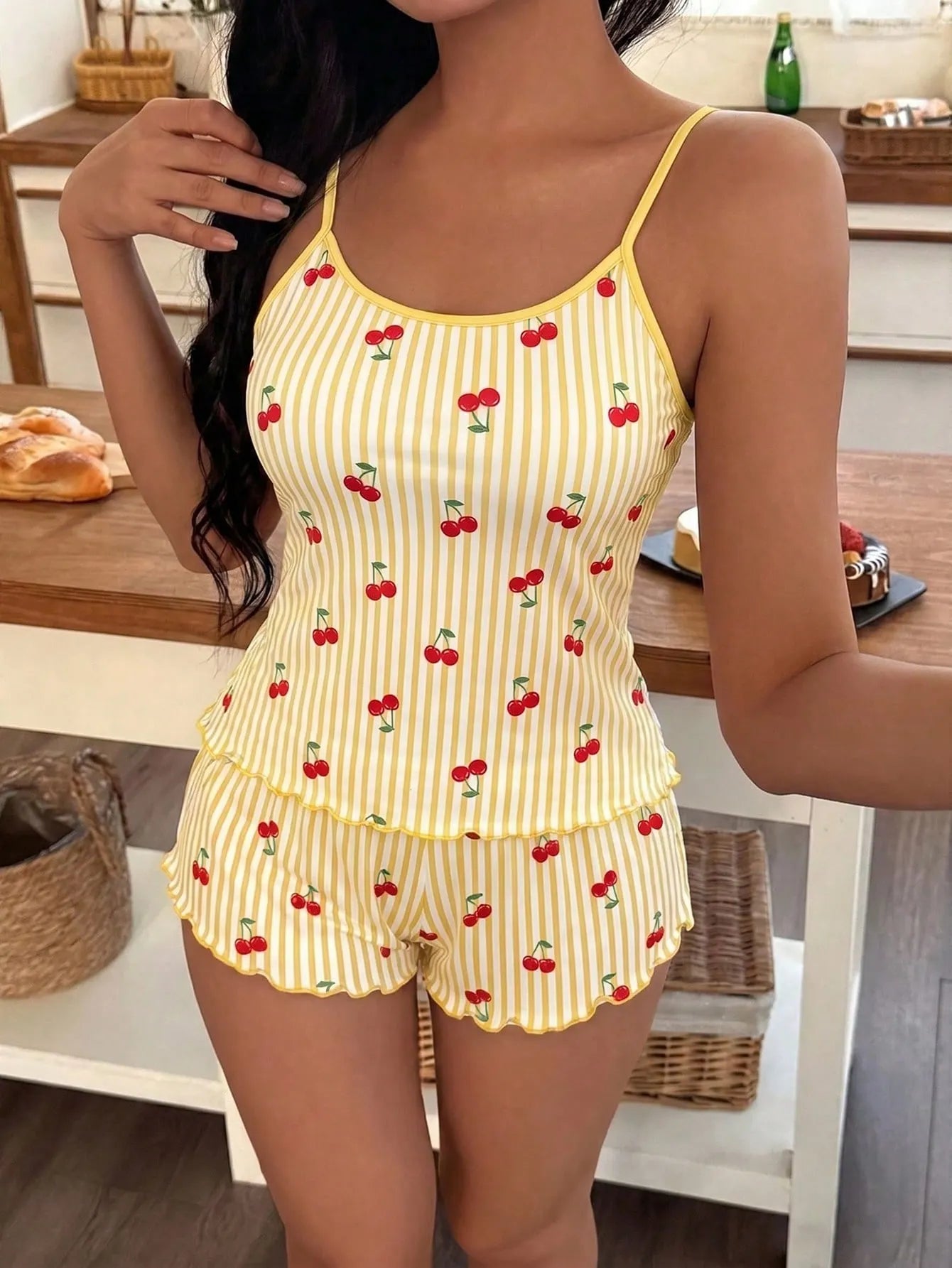 Softscene Women's Striped Cherry Print Camisole & Shorts Pajama Set