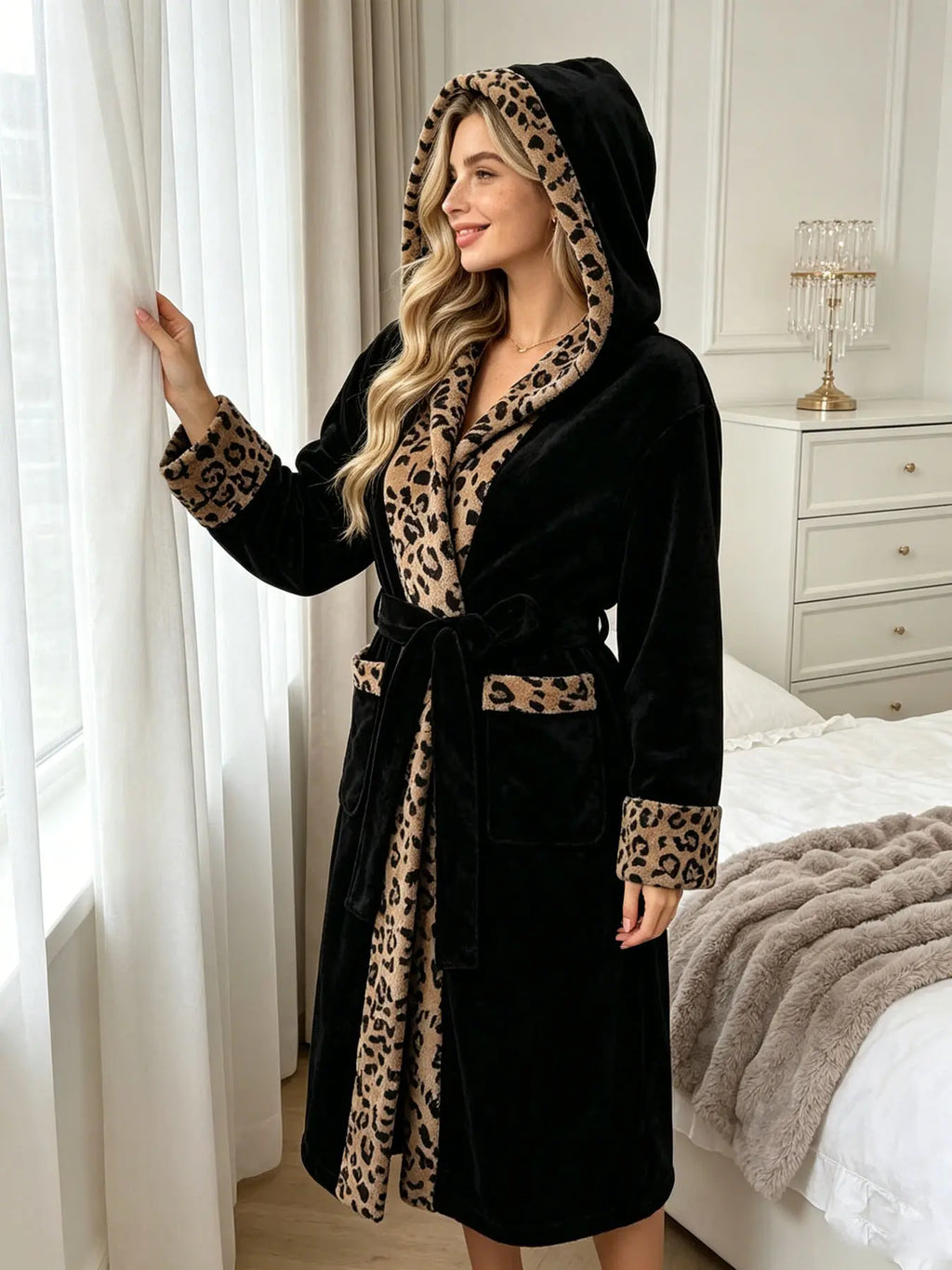 Women's Thick Coral Fleece Long Sleeve Nightgown, Rose Gold Leopard Print, Hooded Lapel Tie Waist, Long Warm Home Loungewear Robe with Pockets