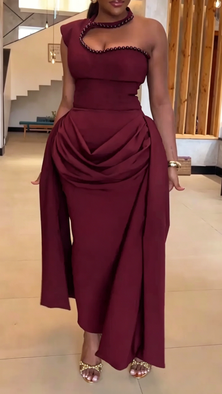 Women Neck Hanging Nail Bead Shoulder Splicing Elegant Temperament Dinner Party Style Dress