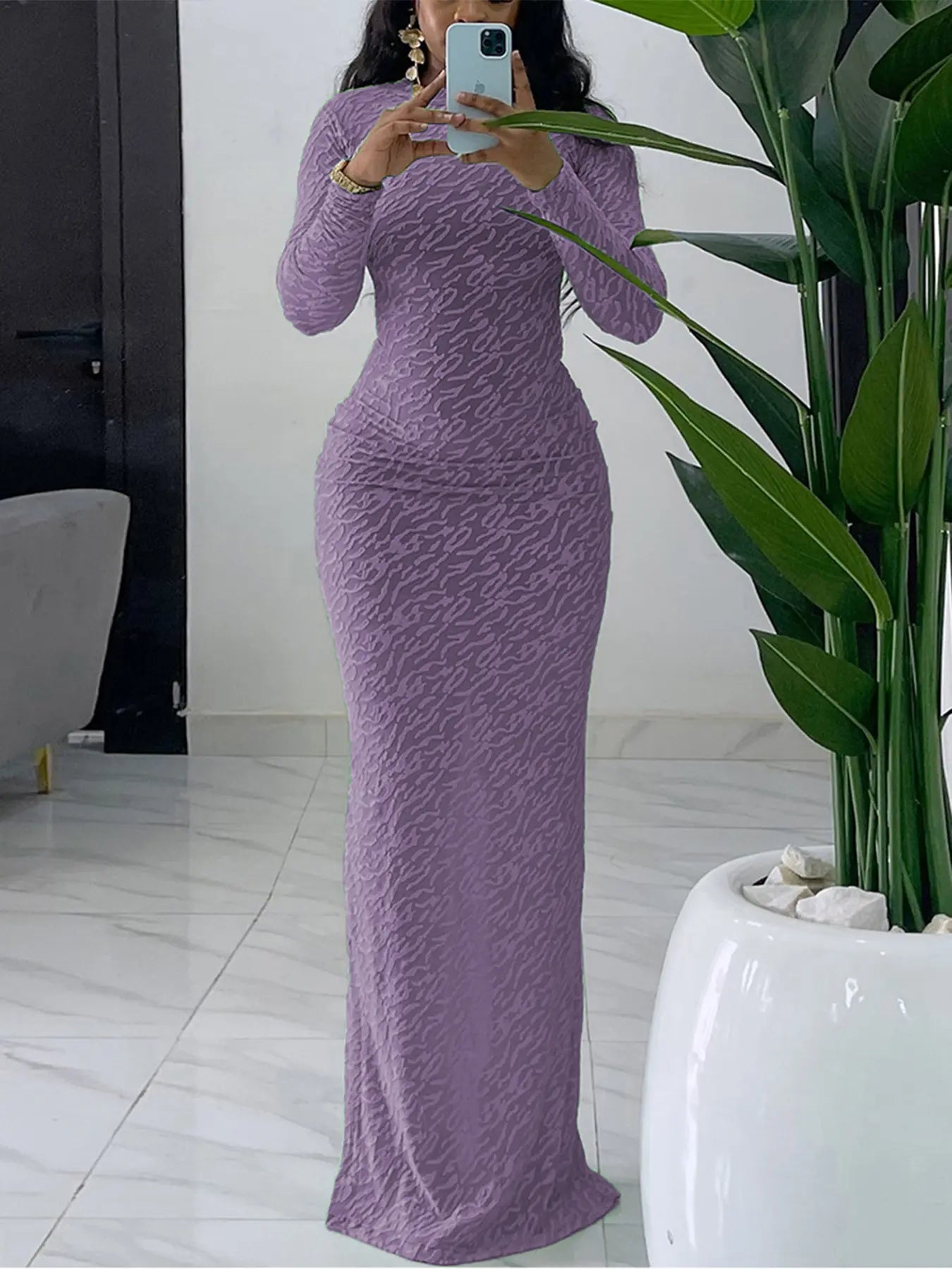 Women's Plain Solid Long Sleeve Bodycon Dress, Casual Fashion Mock Neck Maxi Dress for Daily Wear, Ladies Clothes for Spring