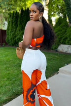 One Shoulder Crop Top Floral Wide Leg Pants Daily 2pcs Set-White