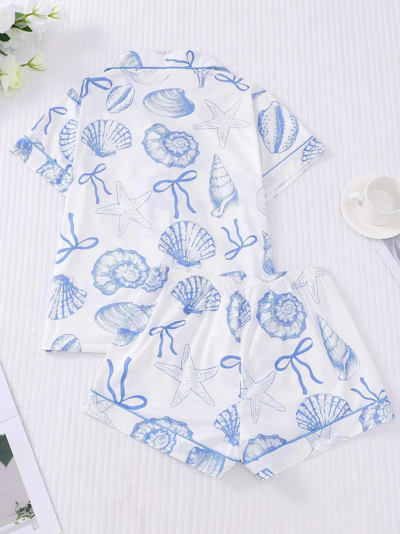 Women's All Over Print Button Front Top & Elastic Waist Shorts Pyjama Two-piece Set