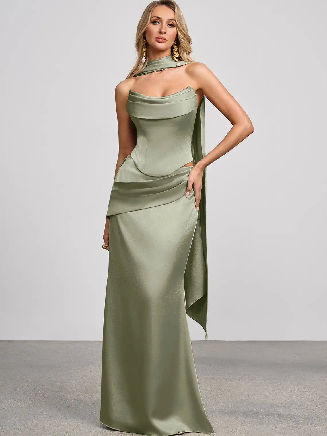 Azazie Sorrel Corset Lace-up Mermaid Wedding Guest Evening Luminous Satin Maxi Dress Minimalist