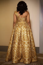 One Shoulder Sleeveless Tribal Pattern Party Maxi Dresses-Gold