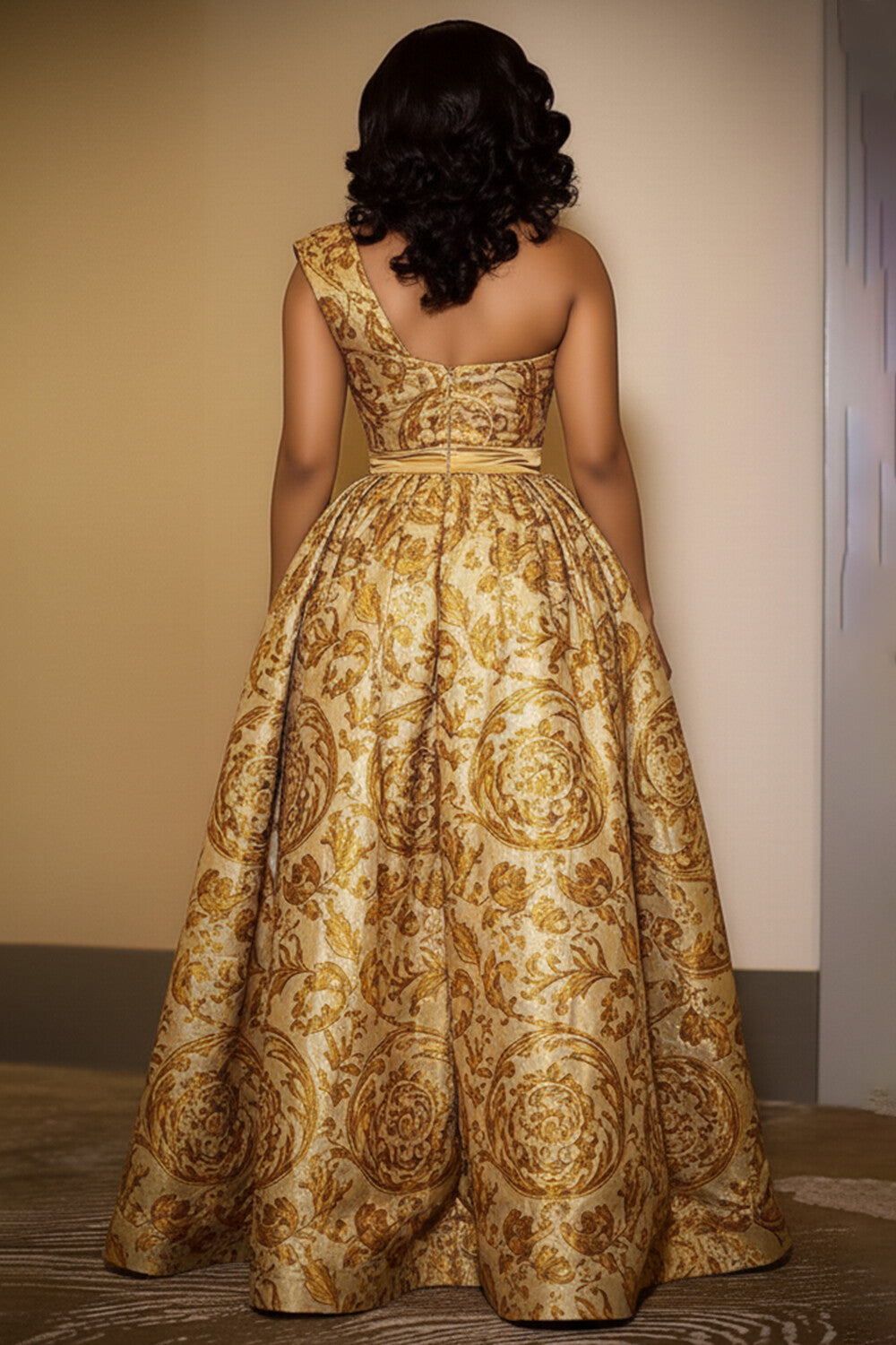 One Shoulder Sleeveless Tribal Pattern Party Maxi Dresses-Gold