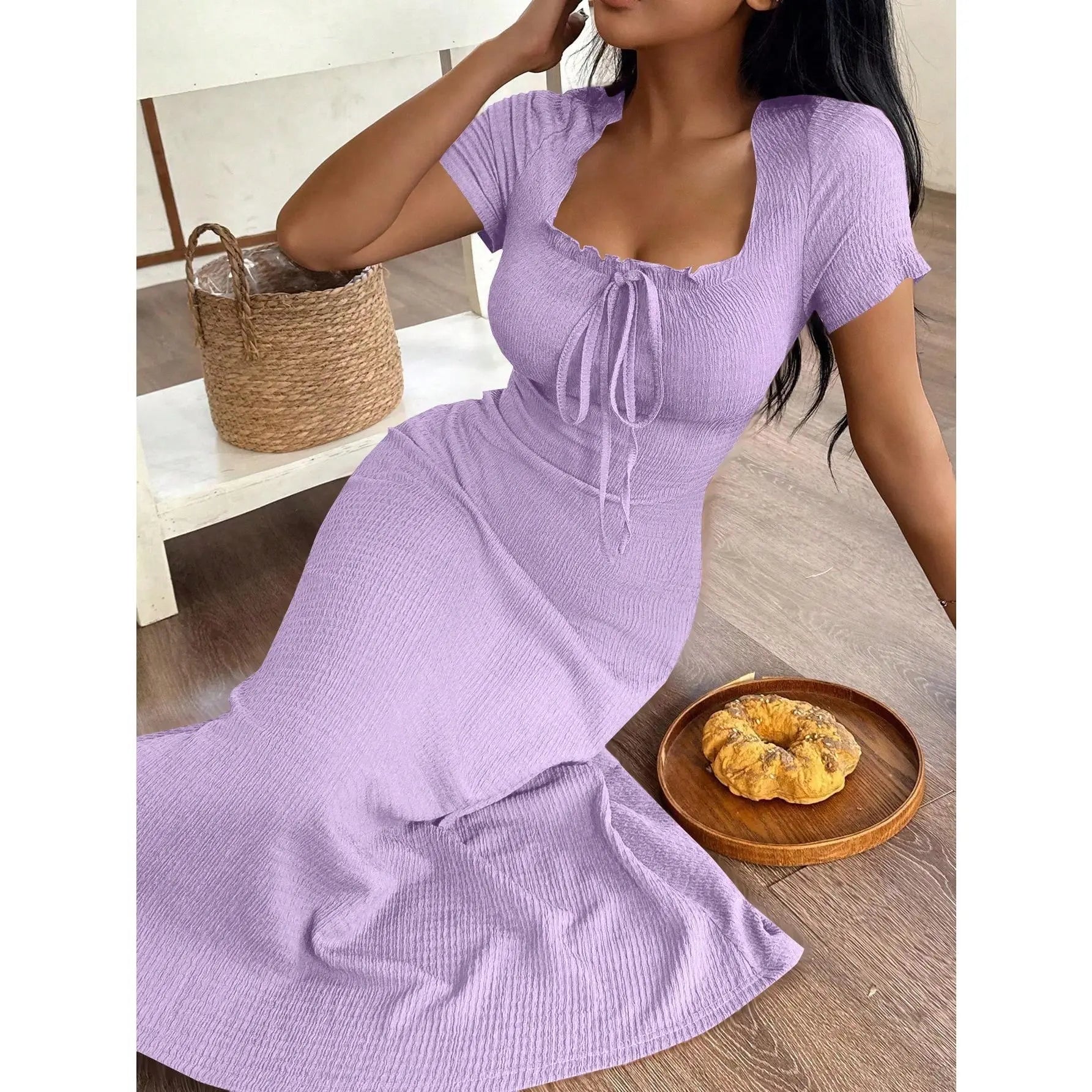 Women's Casual Solid Color Jacquard Gathered Ruffle Trim Square Neck Maxi Loungewear Dress Brown Dress Lounge Dress Summer Dress Tie Front Dress Midi Dress