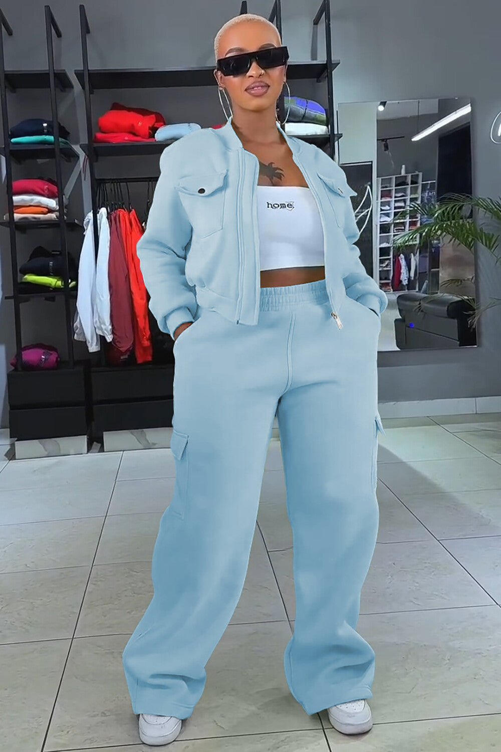 Pockets Crop Jacket Solid Color Straight Leg Pants 2pcs Set-Yellow