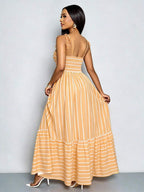 Women's Blue And White Stripe Flowing Maxi Dress,Summer Elegant Holiday Tea Party Holiday,Shoulder Straps Chest Gathering,Beach Casual Gown