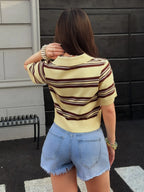 Women's Summer Striped Polo Neck Knit Top, Casual Short Sleeve Pullover, Breathable Slim Fit, Breathable Polo Shirts, Summer Tops