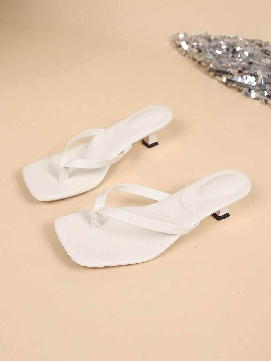 Square Toe Wide Foot Thong Sandals With Thin Heel, Versatile Outdoor Wear Thin Heel Thong Flip Flops For Women, Chic & Elegant