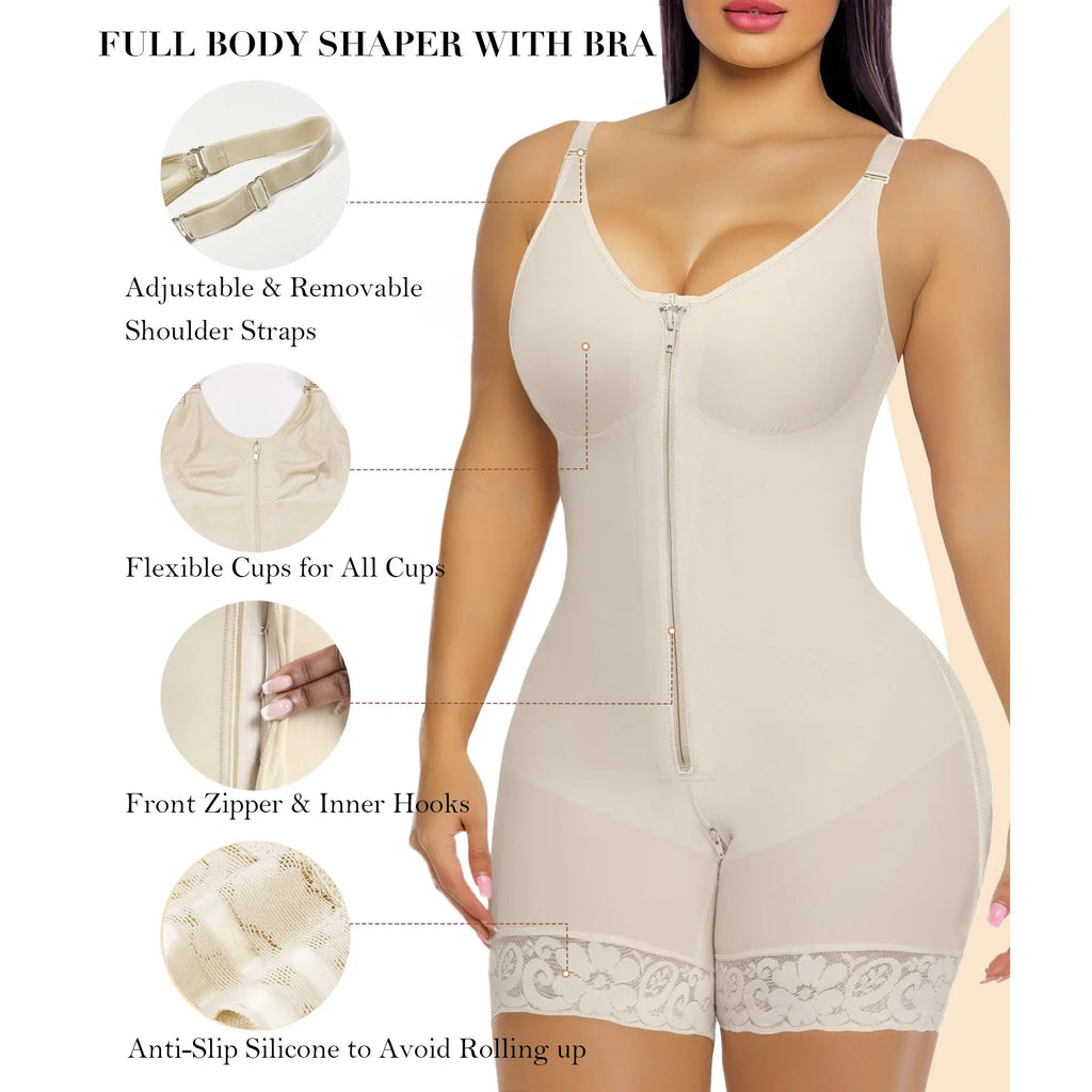 Women’s Fajas Colombianas shapewear  Tummy Control Butt Lifter Shaper with Zipper Crotch detachable shoulder strap Basic