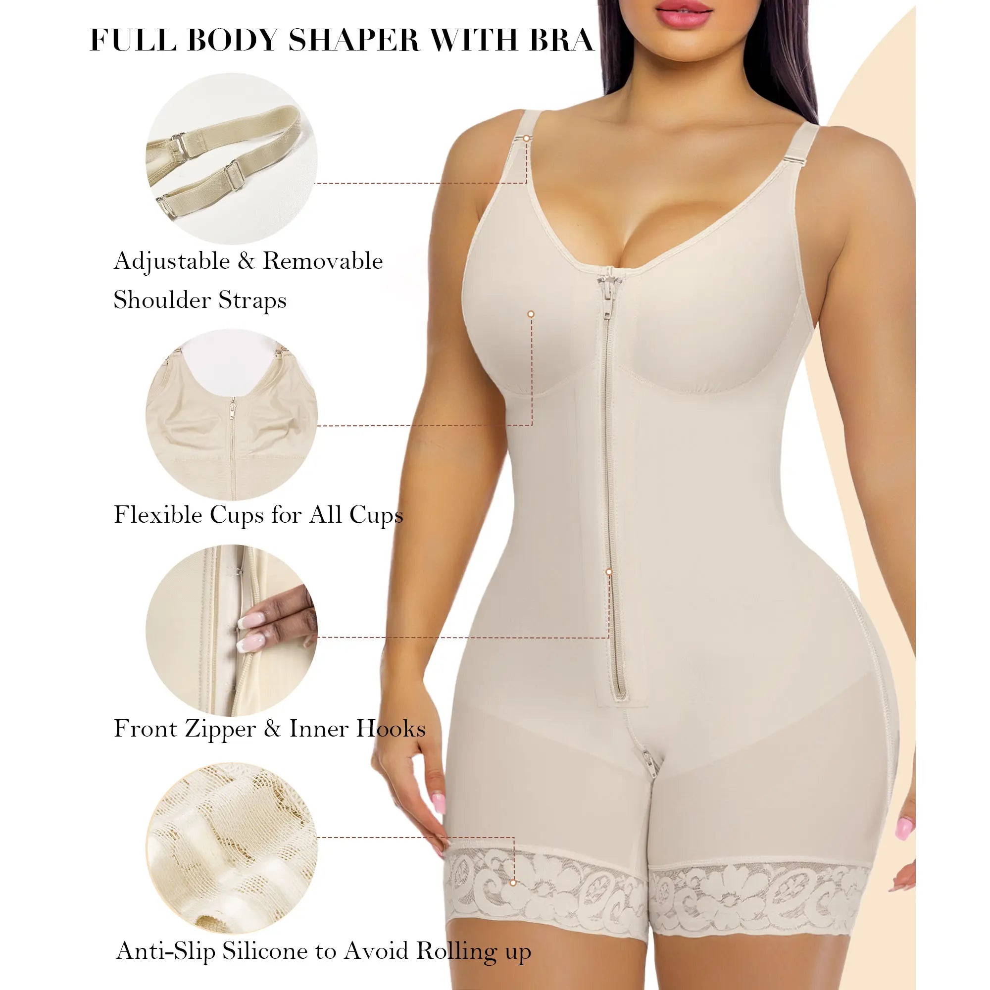 Women’s Fajas Colombianas shapewear  Tummy Control Butt Lifter Shaper with Zipper Crotch detachable shoulder strap Basic