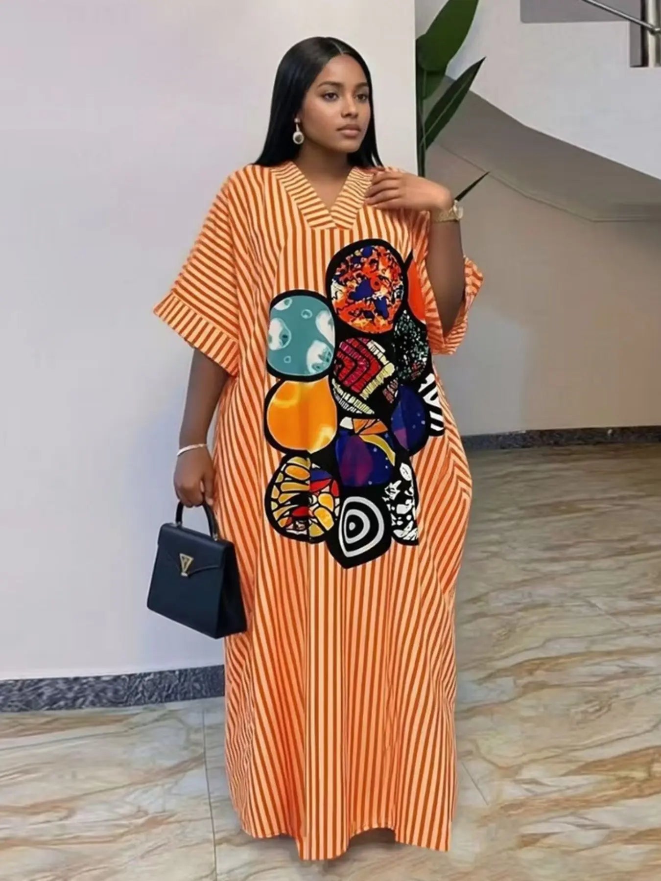 New Fashion Chic Loose Fit Casual Daily Everyday Shopping Dress, Blue Striped and Geometric Print V-Neck Short Sleeve Dress, Women's Summer Dress with Pockets, Boho Casual Dress