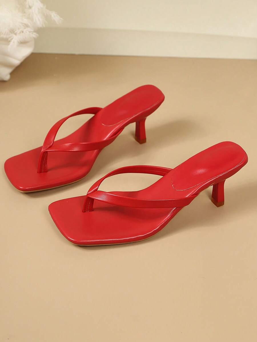 Square Toe Wide Foot Thong Sandals With Thin Heel, Versatile Outdoor Wear Thin Heel Thong Flip Flops For Women, Chic & Elegant