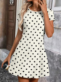 Women's Short Sleeve Summer Dress with Leopard Pattern, Digital Print Midi Dress, Polka Dot Print, Boho Style, Bohemian, Casual Wear, Crewneck, Womenswear