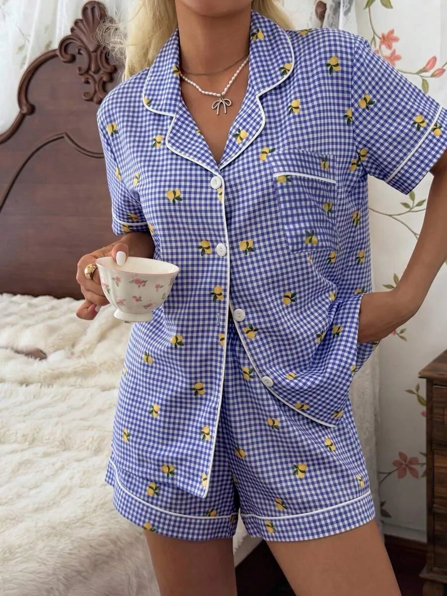 CottageSlumber Women's New Lemon Plaid Print Button-Front Short Sleeve Shorts Pajama Set