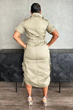 Stand Collar Zipper Drawstring Waist Pocket Midi Dresses-Green