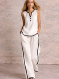 2 Piece Sets Women Minimal Chic Outfit – Sleeveless V Neck Top & Wide Leg Pants, Contrast Trim Linen Set, Elegant Summer Vacation Outfit 2026