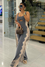 U Neck Cutout Wide Leg Side Fringed Sleeveless Jumpsuit-Gray