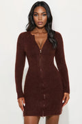 Zakia Zip Front Sweater Mini Dress - Brown