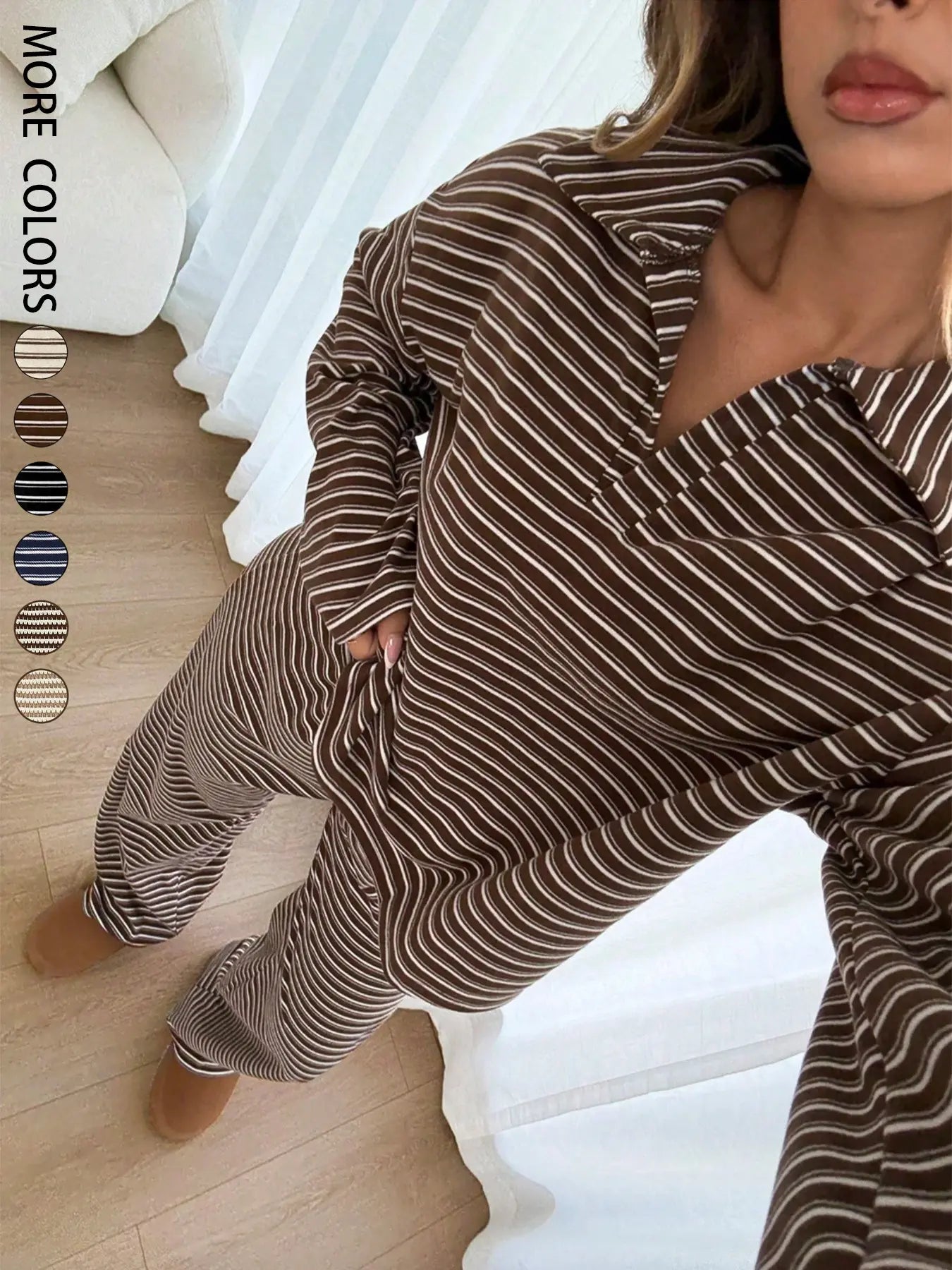Women's 2pcs Set Loose Striped V-Neck Drop Shoulder Long Sleeve T-Shirt &Elastic Waist Striped Pants, Brown, Casual Sets For Women, Pajamas Set, Loungewear, Casual Sets For Women Brown Two Piece Set Women