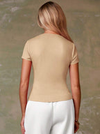 Women's Casual Red Single-Breasted Short Sleeve Fitted Top,Red Top,Christmas, Cute Vacation,Resort Wear,Summer Holiday,Spring,Spring Break,Beach