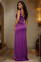 Ruched Solid Color Slim Fit Slit Gowns Maxi Tank Dresses-Gold