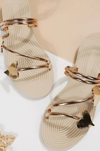 Round Toe Heart-Shaped Metallic Decor Strappy Slip-On Flat Sandals-Gold