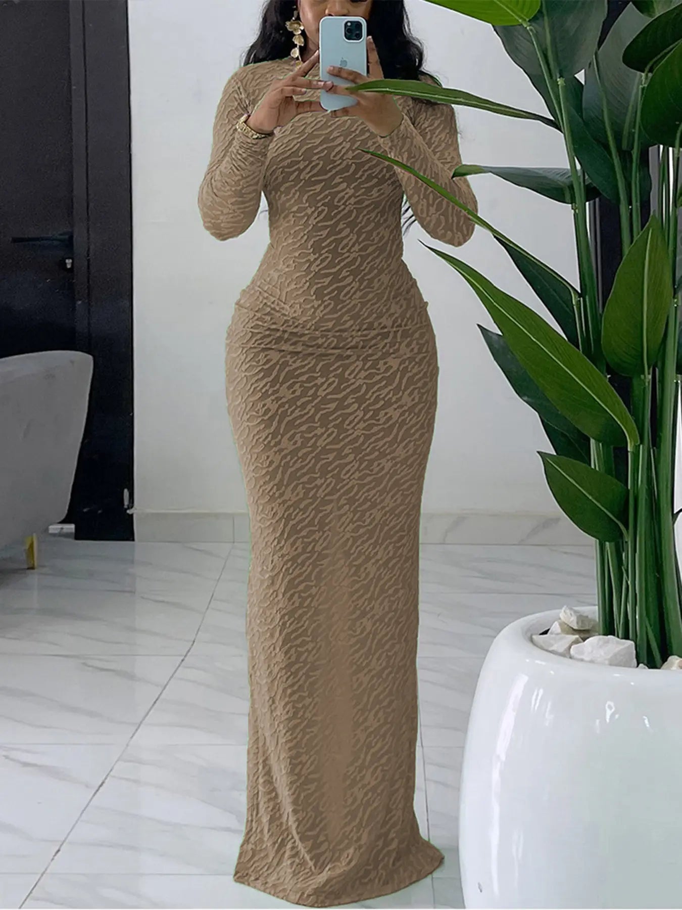 Women's Plain Solid Long Sleeve Bodycon Dress, Casual Fashion Mock Neck Maxi Dress for Daily Wear, Ladies Clothes for Spring