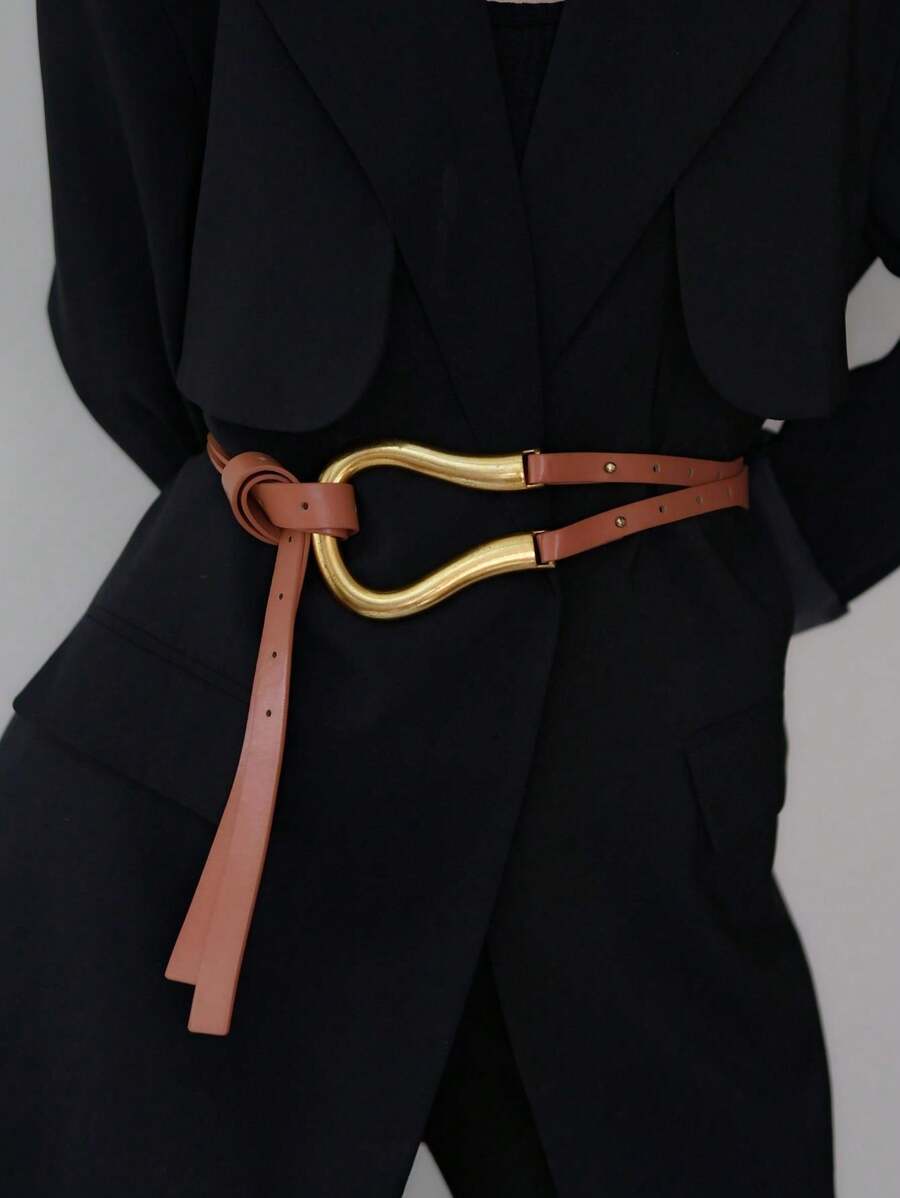 Women's Versatile Wide Waist Belt With Large Horseshoe Buckle Decor, Leather Belt For Skirts
