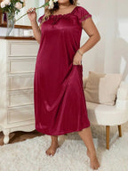 MuseNap CURVE Plus Size Women Pleated Square Collar Embroidered Satin Nightgown