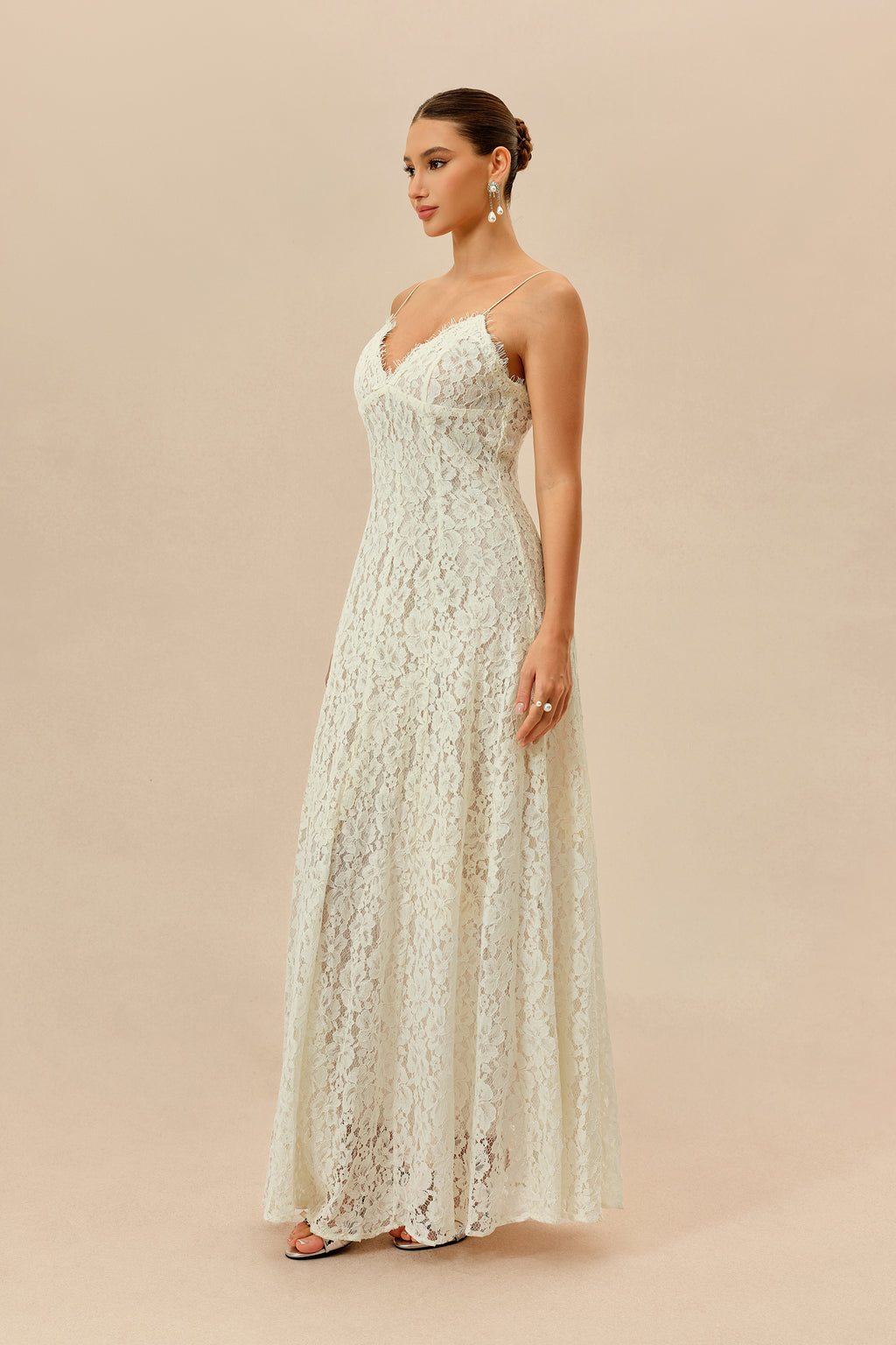Make An Entrance White Floral Lace Maxi Dress With Cape