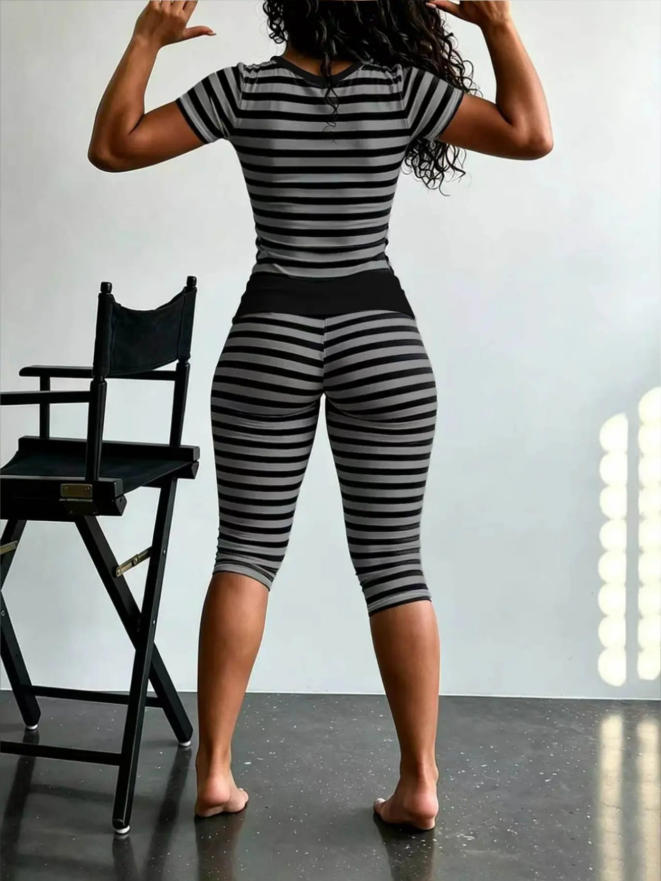 Yellow Grey Striped Two Piece Loungewear Set Crew Neck Short Sleeve Slim Crop Top High Waist Capri Leggings Stretch Fitted Matching Outfit ideal for home relaxation gym training grocery runs and casual everyday all season comfy outfits