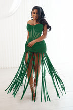 Strapless Semi-Sheer Corset Fringe Party Mini Dresses-Black
