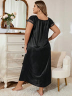 MuseNap CURVE Plus Size Women Pleated Square Collar Embroidered Satin Nightgown