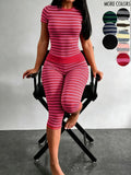 Yellow Grey Striped Two Piece Loungewear Set Crew Neck Short Sleeve Slim Crop Top High Waist Capri Leggings Stretch Fitted Matching Outfit ideal for home relaxation gym training grocery runs and casual everyday all season comfy outfits