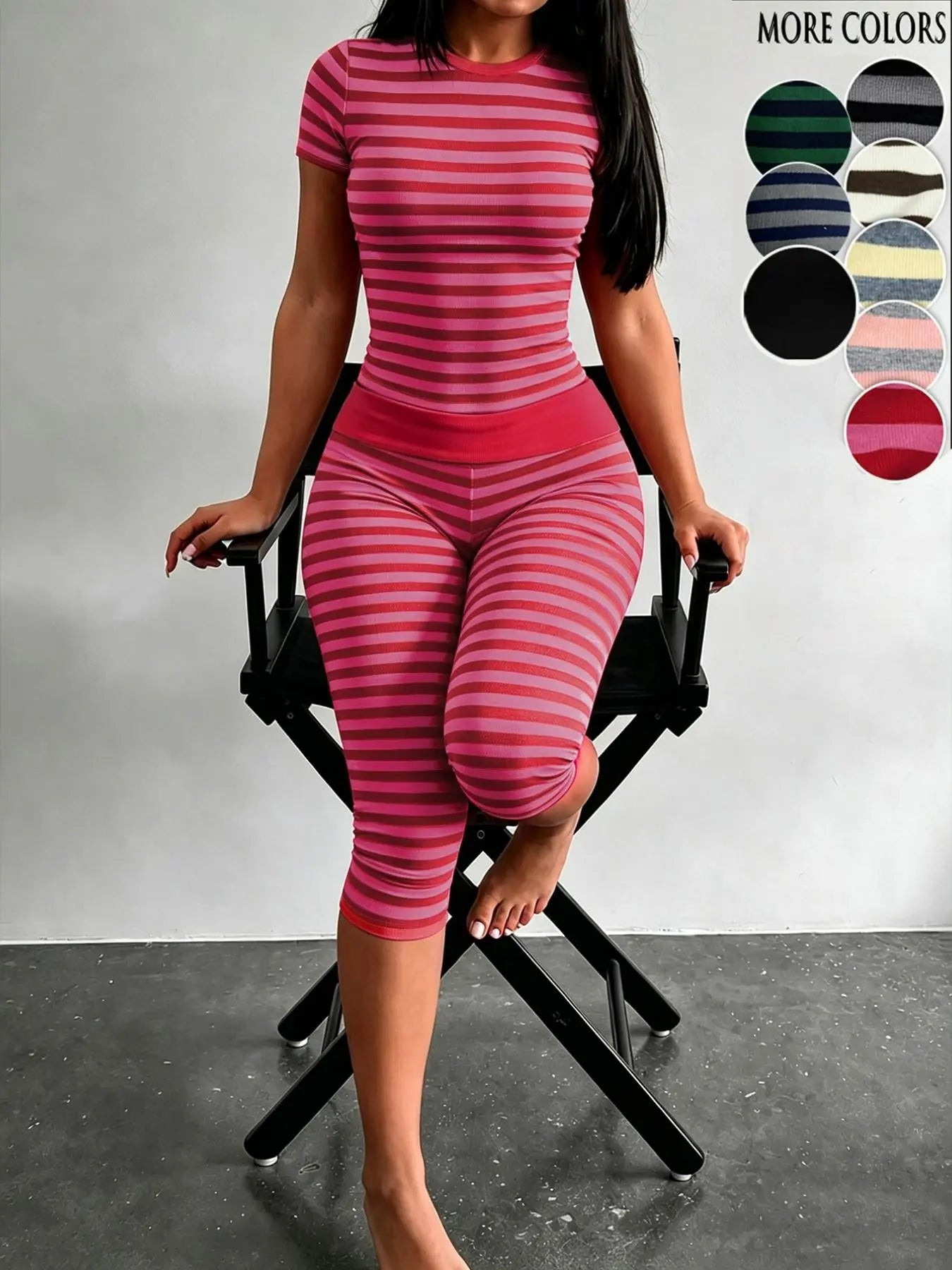 Yellow Grey Striped Two Piece Loungewear Set Crew Neck Short Sleeve Slim Crop Top High Waist Capri Leggings Stretch Fitted Matching Outfit ideal for home relaxation gym training grocery runs and casual everyday all season comfy outfits