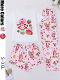 Women's Casual Cute Strawberry Print 3 Piece Pajama Set